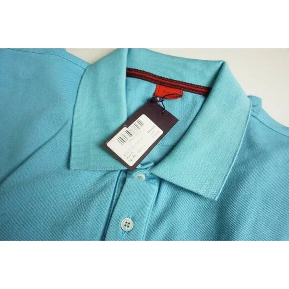 Isaia Sky Blue Coral Logo Embroidered Short Sleeve Cotton Polo Shirt 2XL XXL NEW